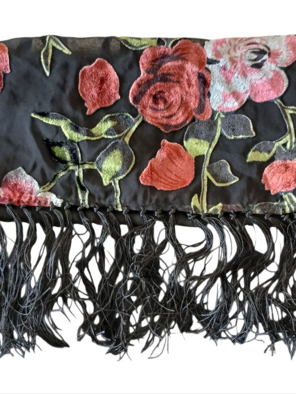100% SILK Velvet Burnout Roses Knotted Fringe Rectangle Piano Shawl Sheer Wrap - Picture 3 of 9